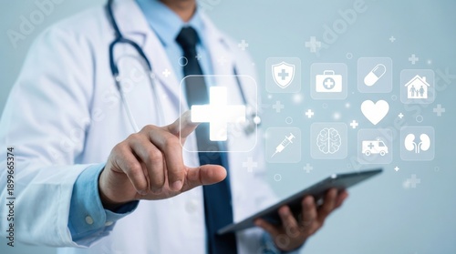 Doctor Tapping on Virtual Plus Sign in Digital Interface with Healthcare Icons