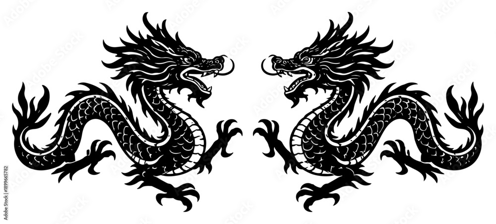 Obraz premium Two symmetrical Chinese dragons facing each other in traditional black and white vector illustration