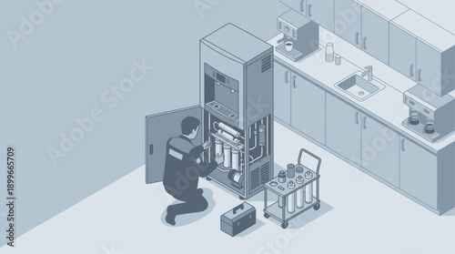 Isometric Technician Repairing Water Purifier System in Office Kitchen, Maintenance Worker Servicing Commercial Water Dispenser, Facility Management and Professional Repair Service Vector