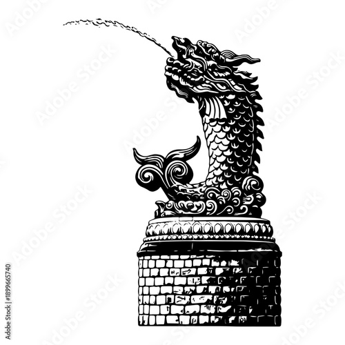 Photography Detailed black and white vector illustration of the iconic merlion statue from s
