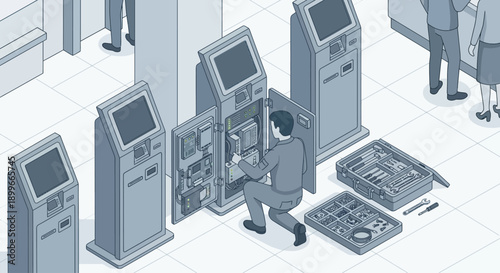 Isometric Maintenance Technician Repairing Automated Self-Service Kiosk Terminal, Technician Fixing Electronic Hardware with Toolbox, Blue Vector Illustration for Business and Technology Service