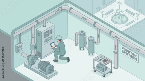 Isometric Facility Maintenance Technician Inspecting Industrial Pump and Fountain Systems with Digital Tablet, Engineering Infrastructure and Repair Service Concept, Vector Illustration