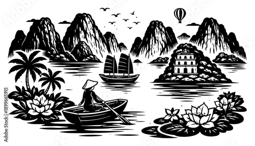 Beautiful asian landscape with a boatman on a river surrounded by limestone mountains and lotus blossoms