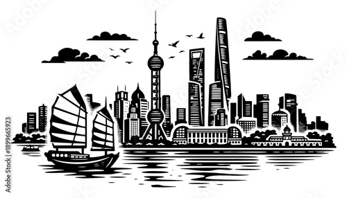 Shanghai skyline illustration with modern skyscrapers and a traditional chinese sailing junk boat