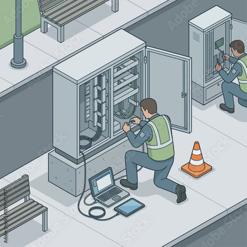 Isometric Technicians Maintaining Telecommunications Street Cabinets, Electrical Infrastructure Repair and Network Troubleshooting Illustration with Laptop and Tablet in Smart City Environment