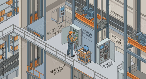 Isometric Industrial Maintenance of Vertical Lift System in Automated Warehouse, Technician Repairing Electrical Control Panel and Motor Units for Smart Factory Logistics