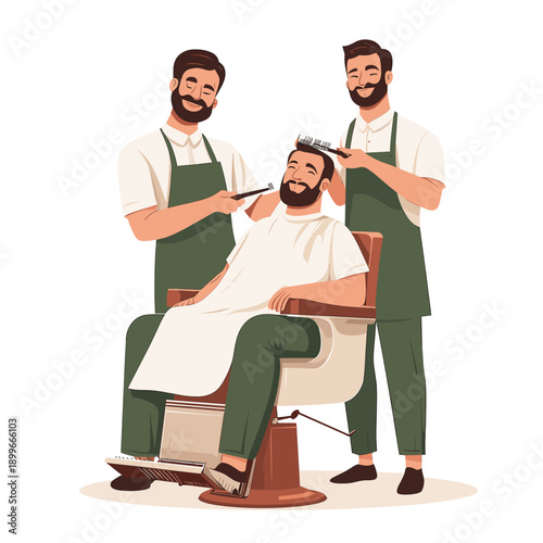 Friendly barbershop scene with two stylists grooming a smiling man