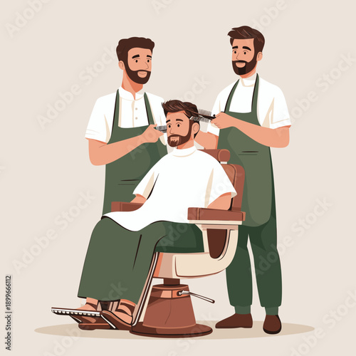 Friendly barbershop scene with two stylists grooming a smiling man