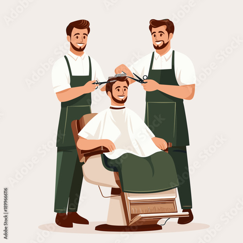 Friendly barbershop scene with two stylists grooming a smiling man