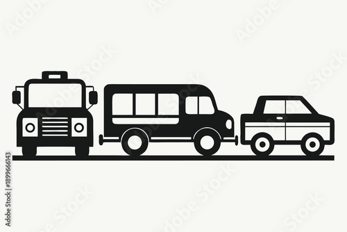 Black and white illustration of a truck towing a bus and a car