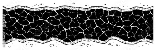 Decorative horizontal border with cracked earth texture and dry soil pattern in black and white vector style