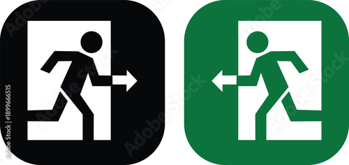 Exit icon set collection group with emergency direction signs, arrow symbols, running man pictogram, safety evacuation signage design isolated on white background vector.