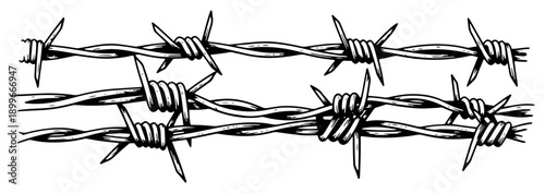 Detailed hand drawn illustration of sharp barbed wire strands in vintage woodcut style