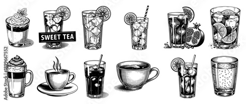 Large collection of diverse beverages and cocktails with fruit garnishes in classic woodcut illustration style
