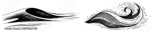 Set of two stylized ocean waves in artistic engraving and woodcut style