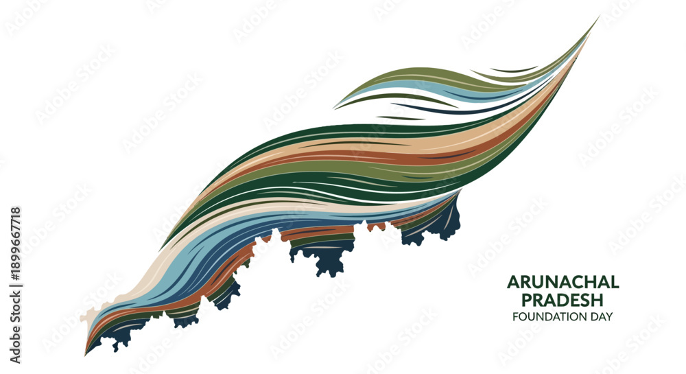 Obraz premium Illustration celebrating Arunachal Pradesh Foundation Day with a colorful wave design and stilt houses, representing the Land of Abo Tani and its mountainous landscape.