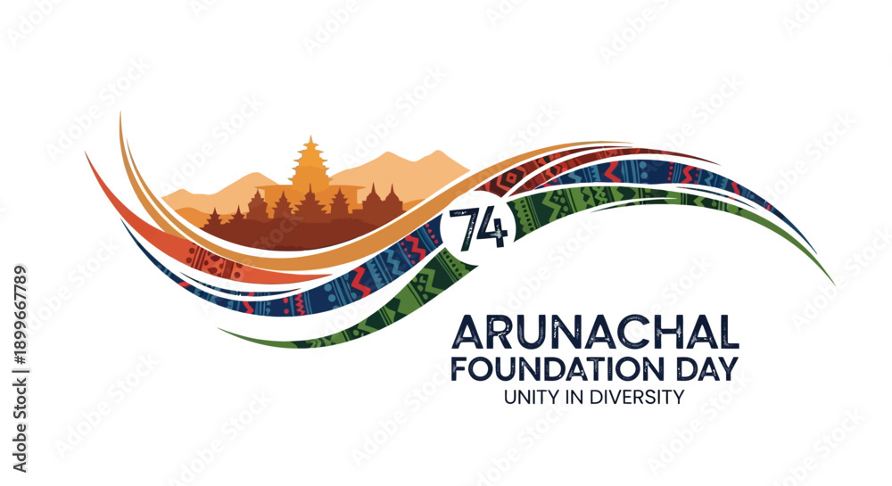 Naklejka premium Illustration celebrating Arunachal Pradesh Foundation Day with a mountainous landscape and traditional stilt houses Chang Ghar, symbolizing unity in diversity.