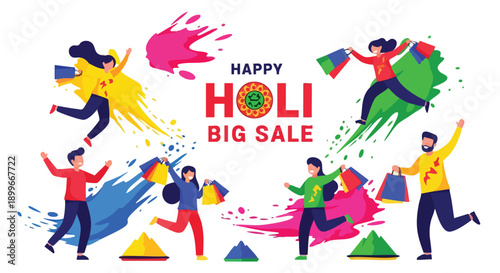 Vibrant illustration of people celebrating Holi with colorful powders and water, surrounded by sale announcement in a lively, festive atmosphere.