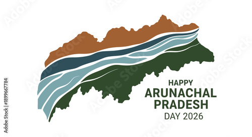 Illustration of Arunachal Pradesh on its foundation day with a stylized map and rivers in shades of green, blue, and brown, symbolizing the Land of Abo Tani with traditional Adi, Apatani,