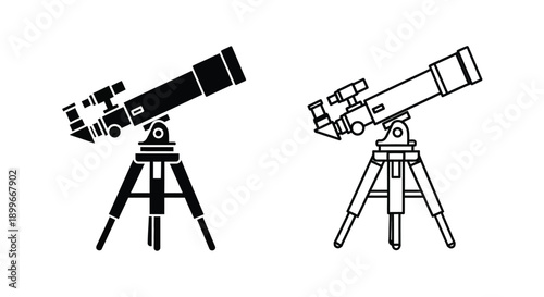 Two black and white line art depictions of refracting telescopes on tripods