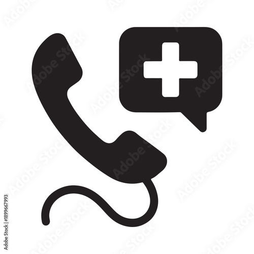 Phone receiver icon with chat bubble and plus sign for medical call
