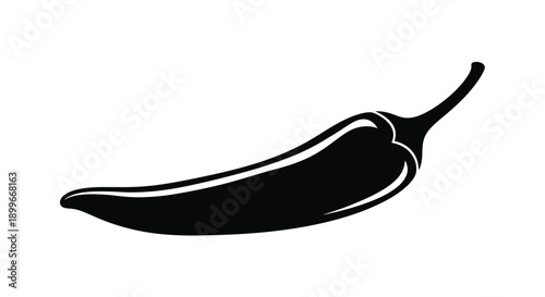 A black and white illustration of a single curved chili pepper