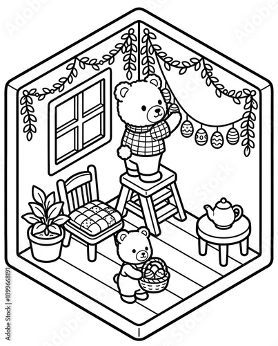 Easter isometric coloring - bear hanging buntings for Easter party decoration