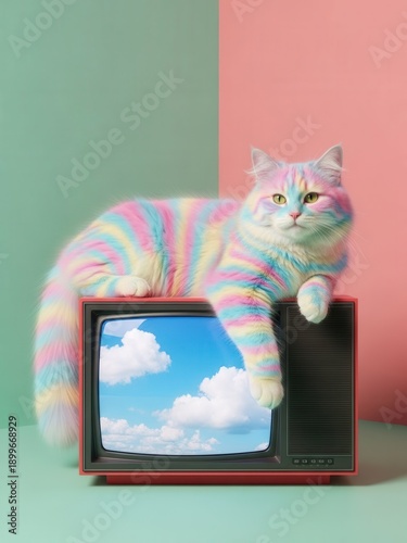 surreal rainbow-colored cat lounging on an old-fashioned television set displaying sky