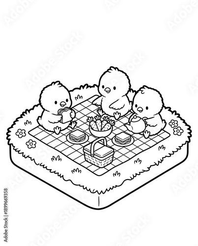 Happy little chics picnic scene - Easter isometric coloring