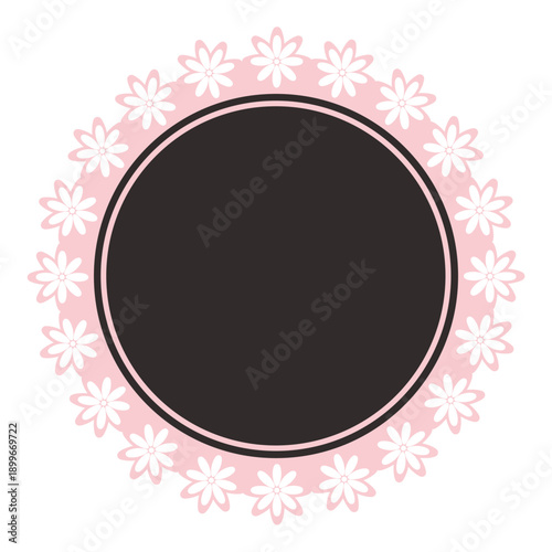 Flower pink and black round lace frame, tag, label