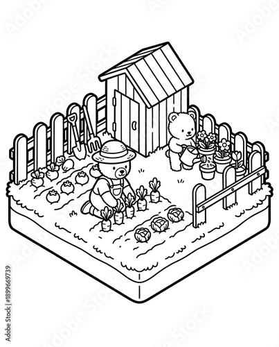 Countryside gardening isometric coloring, bear family farming scene