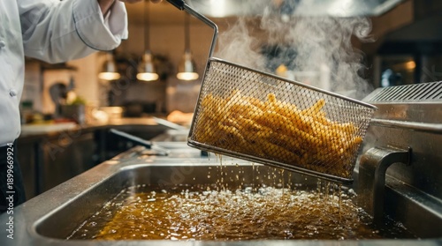 Chef in white uniform removes a basket filled with crispy fries from a deep fryer in a busy commercial kitchen, showcasing bubbling oil and stainless steel appliances in the background