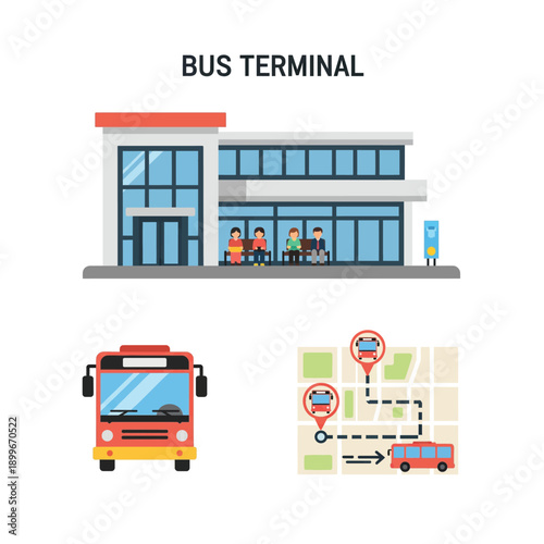 Bus Terminal Building with Transportation Elements and Map.