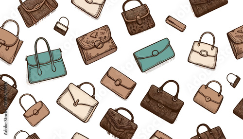 seamless pattern with handbag and clutch purse in a hand drawn illustration