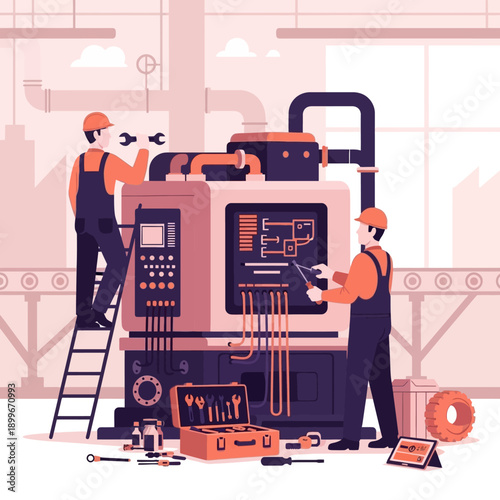 Industrial workers performing maintenance on large machinery in a factory setting.