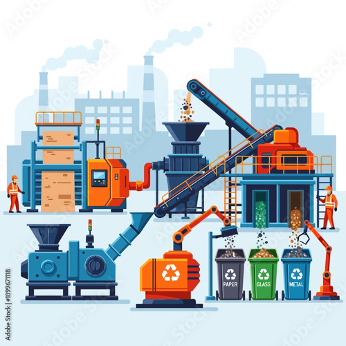 Industrial recycling facility with machinery and waste management.