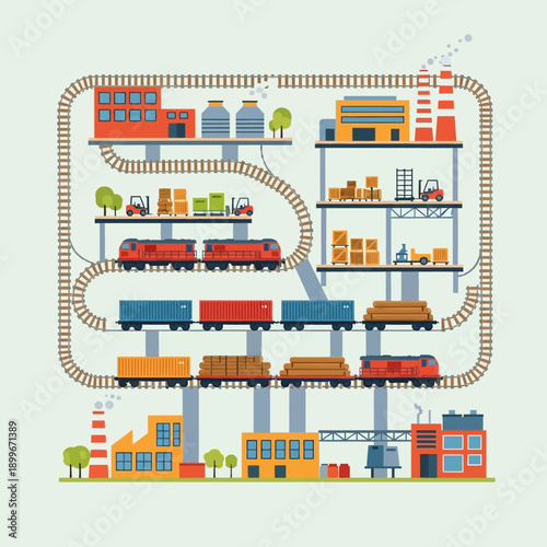 Multilevel Industrial Factory with Trains and Warehouses.