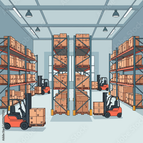 Warehouse with forklifts and storage racks filled with cardboard boxes.