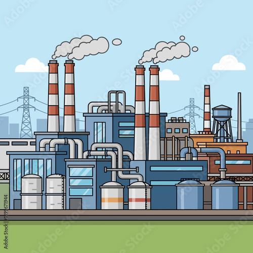 Industrial factory with smokestacks emitting smoke into the atmosphere.