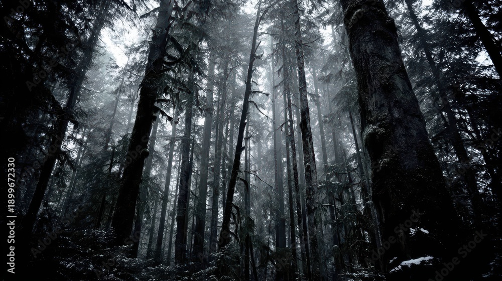 Fototapeta premium Dark and Misty Forest Scene with Tall Trees Reaching to the Sky in Monochrome