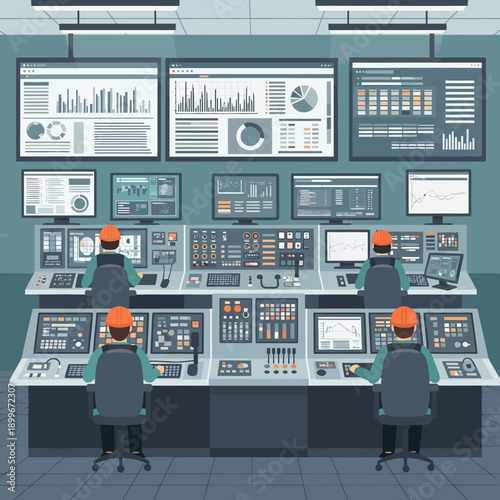 Industrial control room with operators monitoring complex systems.