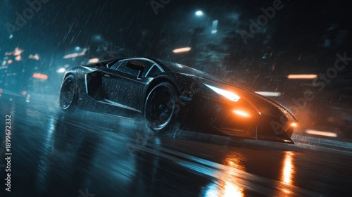 Black Lamborghini is driving down a wet road at night. The car is surrounded by bright lights, creating a sense of danger and excitement. The scene is set in a city