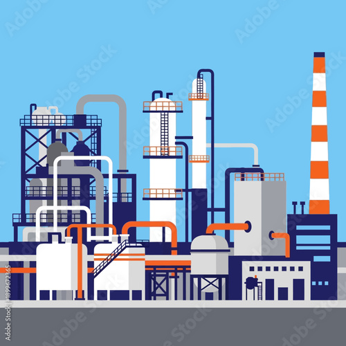 Industrial factory complex with pipes and smokestack.