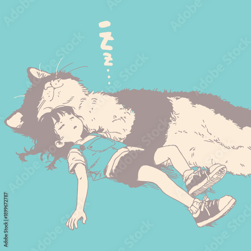 A girl lies next to a large cat, both relaxed on a smooth surface. The cat appears to be sleeping while the girl enjoys the moment. It is a cozy time at home.