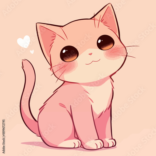 A cartoon cat sits upright with large expressive eyes. The cat has a pink coloring and a white belly. It gives off a happy vibe with a small heart floating nearby.