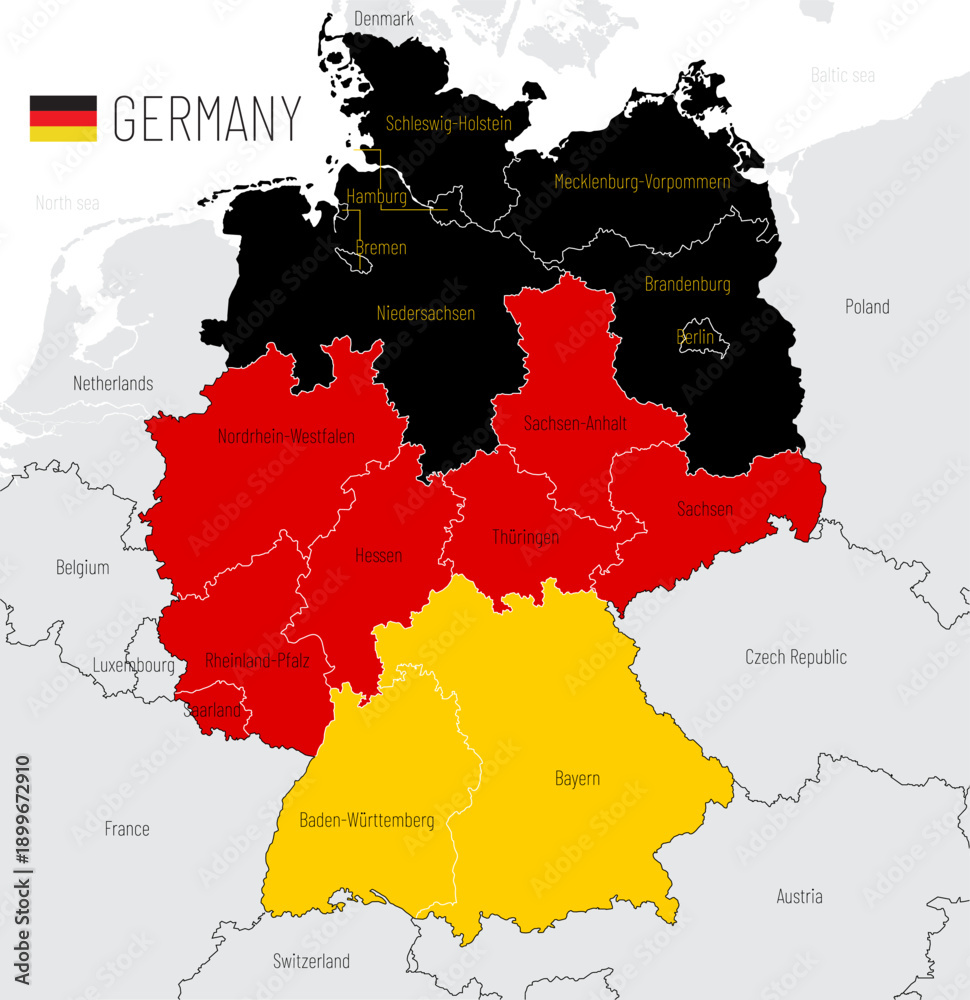 Fototapeta premium Political map of Germany with federal states in the colors of the national flag