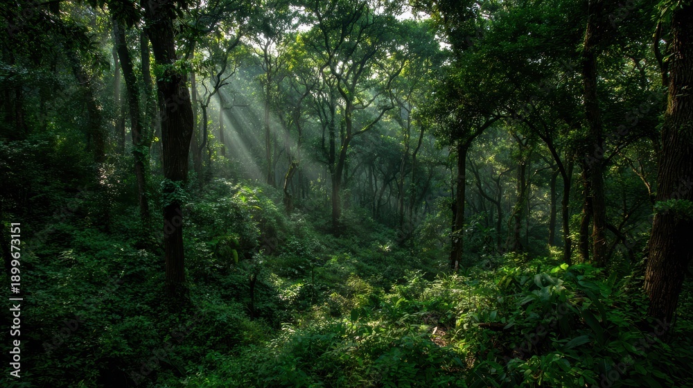Fototapeta premium Sunlight Streams Through Lush Green Forest Canopy, Tranquil Woodland Scene