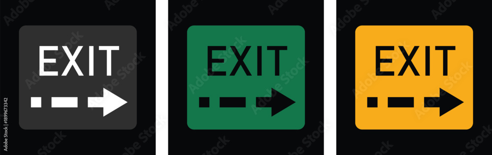 Fototapeta premium Exit icon set collection group with emergency direction signs, arrow symbols, running man pictogram, safety evacuation signage design isolated on white background vector.