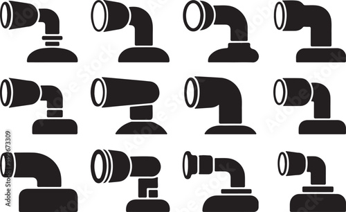 Collection of various black pipe fittings and elbows on white background