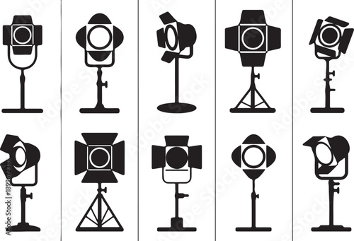 A collection of various stage lighting equipment and studio lights